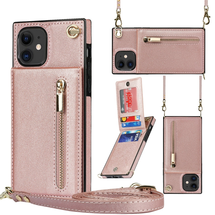 For iPhone 11 Cross-body Zipper Square TPU+PU Back Cover Case with Holder & Card Slots & Wallet & Strap (Rose Gold) - iPhone 11 Cases by buy2fix | Online Shopping UK | buy2fix