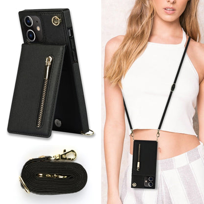 For iPhone 12 / 12 Pro Cross-body Zipper Square TPU+PU Back Cover Case with Holder & Card Slots & Wallet & Strap(Black) - iPhone 12 / 12 Pro Cases by buy2fix | Online Shopping UK | buy2fix