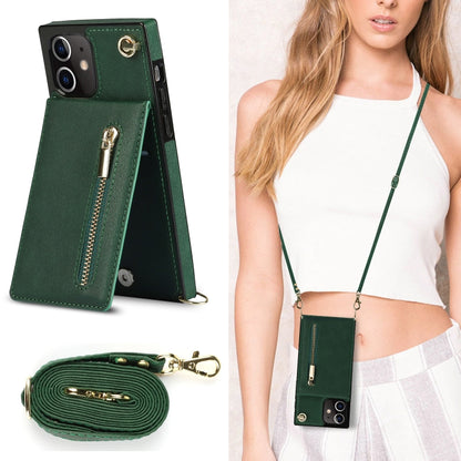 For iPhone 12 / 12 Pro Cross-body Zipper Square TPU+PU Back Cover Case with Holder & Card Slots & Wallet & Strap(Green) - iPhone 12 / 12 Pro Cases by buy2fix | Online Shopping UK | buy2fix