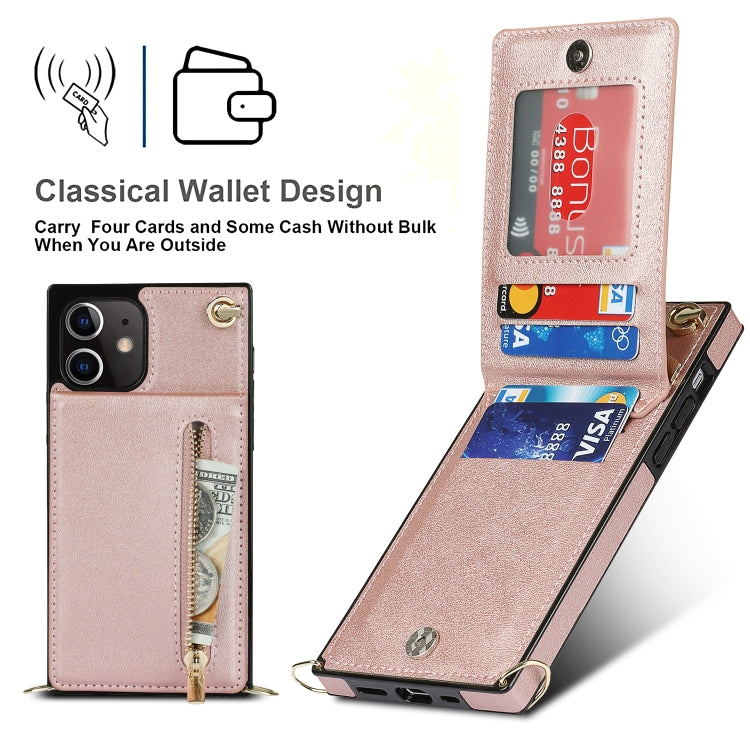 For iPhone 12 / 12 Pro Cross-body Zipper Square TPU+PU Back Cover Case with Holder & Card Slots & Wallet & Strap(Rose Gold) - iPhone 12 / 12 Pro Cases by buy2fix | Online Shopping UK | buy2fix