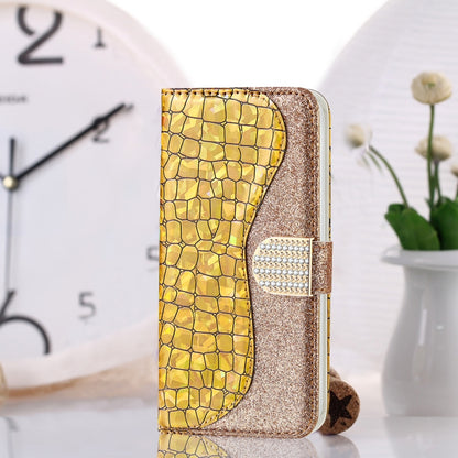 For iPhone 13 Pro Laser Glitter Powder Matching Crocodile Texture Horizontal Flip Leather Case with Card Slots & Holder & Wallet (Gold) - iPhone 13 Pro Cases by buy2fix | Online Shopping UK | buy2fix