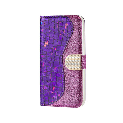 For iPhone 13 Laser Glitter Powder Matching Crocodile Texture Horizontal Flip Leather Case with Card Slots & Holder & Wallet(Purple) - iPhone 13 Cases by buy2fix | Online Shopping UK | buy2fix