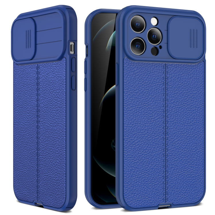 For iPhone 12 Pro Litchi Texture Sliding Camshield TPU Protective Case(Blue) - iPhone 12 Pro Max Cases by buy2fix | Online Shopping UK | buy2fix