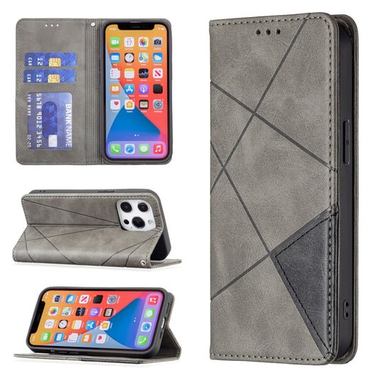 For iPhone 13 Pro Max Rhombus Texture Horizontal Flip Magnetic Leather Case with Holder & Card Slots (Grey) - iPhone 13 Pro Max Cases by buy2fix | Online Shopping UK | buy2fix