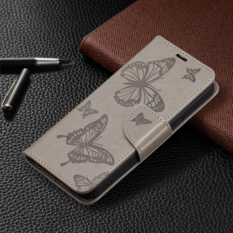 For iPhone 13 mini Embossing Two Butterflies Pattern Horizontal Flip PU Leather Case with Holder & Card Slot & Wallet & Lanyard (Grey) - iPhone 13 mini Cases by buy2fix | Online Shopping UK | buy2fix