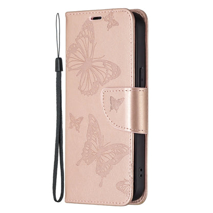 For iPhone 13 mini Embossing Two Butterflies Pattern Horizontal Flip PU Leather Case with Holder & Card Slot & Wallet & Lanyard (Rose Gold) - iPhone 13 mini Cases by buy2fix | Online Shopping UK | buy2fix