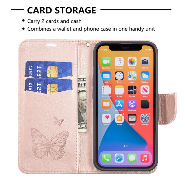 For iPhone 13 mini Embossing Two Butterflies Pattern Horizontal Flip PU Leather Case with Holder & Card Slot & Wallet & Lanyard (Rose Gold) - iPhone 13 mini Cases by buy2fix | Online Shopping UK | buy2fix