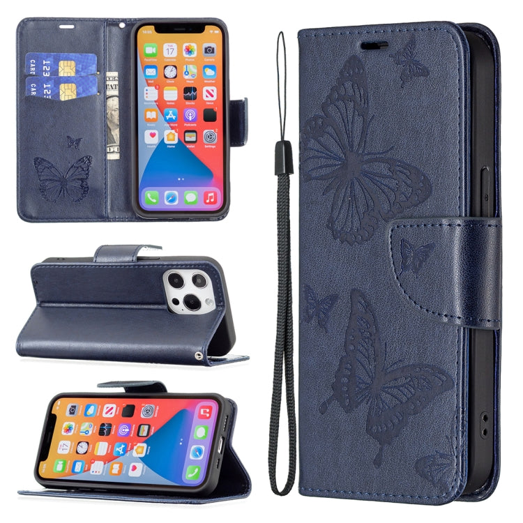 For iPhone 13 Embossing Two Butterflies Pattern Horizontal Flip PU Leather Case with Holder & Card Slot & Wallet & Lanyard(Blue) - iPhone 13 Cases by buy2fix | Online Shopping UK | buy2fix