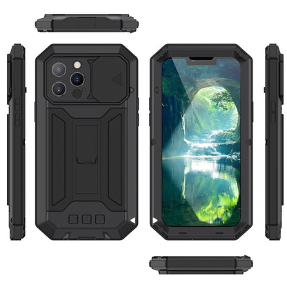 For iPhone 13 Pro R-JUST Sliding Camera Shockproof Life Waterproof Dust-proof Metal + Silicone Protective Case with Holder (Black) - iPhone 13 Pro Cases by R-JUST | Online Shopping UK | buy2fix