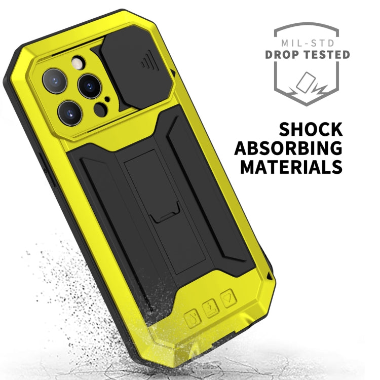 For iPhone 13 Pro R-JUST Sliding Camera Shockproof Life Waterproof Dust-proof Metal + Silicone Protective Case with Holder (Yellow) - iPhone 13 Pro Cases by R-JUST | Online Shopping UK | buy2fix