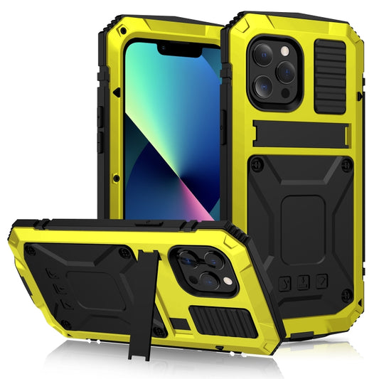 For iPhone 13 mini R-JUST Shockproof Waterproof Dust-proof Metal + Silicone Protective Case with Holder (Yellow) - iPhone 13 mini Cases by R-JUST | Online Shopping UK | buy2fix