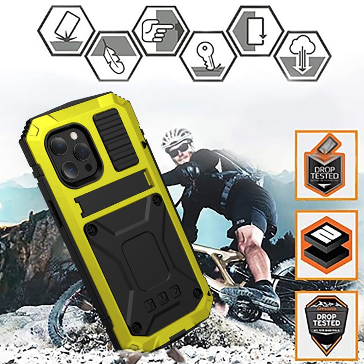 For iPhone 13 Pro R-JUST Shockproof Waterproof Dust-proof Metal + Silicone Protective Case with Holder (Yellow) - iPhone 13 Pro Cases by R-JUST | Online Shopping UK | buy2fix