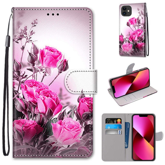 For iPhone 13 Coloured Drawing Cross Texture Horizontal Flip PU Leather Case with Holder & Card Slots & Wallet & Lanyard(Wild Rose) - iPhone 13 Cases by buy2fix | Online Shopping UK | buy2fix