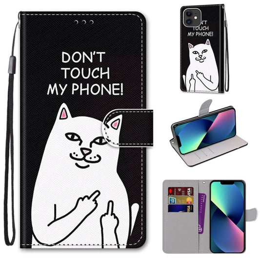 For iPhone 13 mini Coloured Drawing Cross Texture Horizontal Flip PU Leather Case with Holder & Card Slots & Wallet & Lanyard (Middle Finger White Cat) - iPhone 13 mini Cases by buy2fix | Online Shopping UK | buy2fix