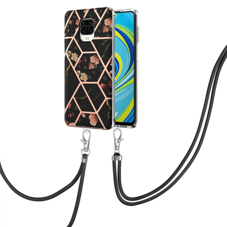 For Xiaomi Redmi Note 9S / Note 9 Pro Electroplating Splicing Marble Flower Pattern TPU Shockproof Case with Lanyard(Black Flower) - Xiaomi Cases by buy2fix | Online Shopping UK | buy2fix