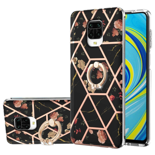 or Xiaomi Redmi Note 9S / Redmi Note 9 Pro / Redmi Note 9 Pro Max Electroplating Splicing Marble Flower Pattern TPU Shockproof Case with Rhinestone Ring Holder(Black Flower) - Xiaomi Cases by buy2fix | Online Shopping UK | buy2fix