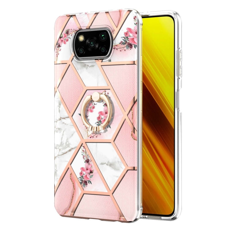 For Xiaomi Poco X3 NFC Electroplating Splicing Marble Flower Pattern TPU Shockproof Case with Rhinestone Ring Holder(Pink Flower) - Xiaomi Cases by buy2fix | Online Shopping UK | buy2fix