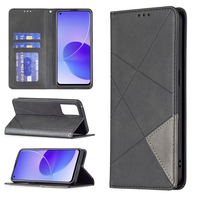 For OPPO Reno6 Rhombus Texture Horizontal Flip Magnetic Leather Case with Holder & Card Slots(Black) - OPPO Cases by buy2fix | Online Shopping UK | buy2fix