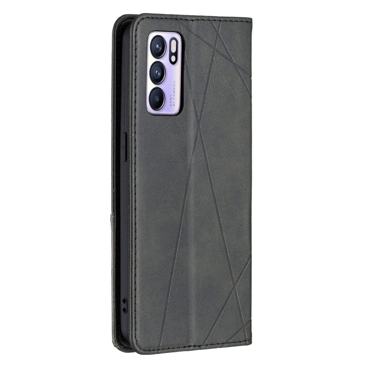 For OPPO Reno6 Rhombus Texture Horizontal Flip Magnetic Leather Case with Holder & Card Slots(Black) - OPPO Cases by buy2fix | Online Shopping UK | buy2fix