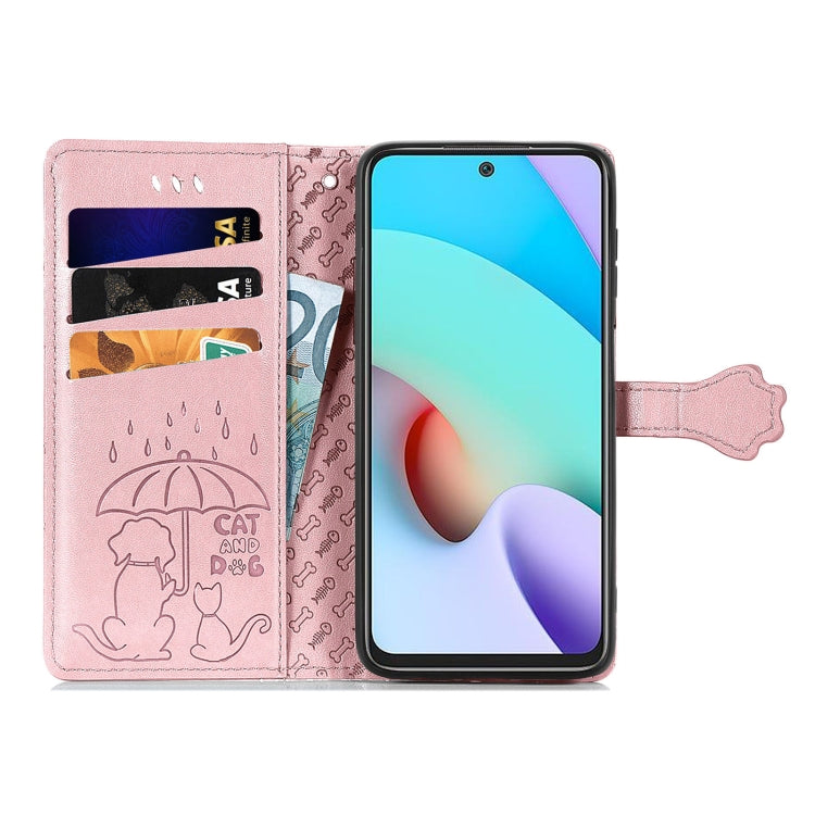 For Xiaomi Redmi 10 Lovely Cat and Dog Embossing Pattern Horizontal Flip Leather Case , with Holder & Card Slots & Wallet & Cartoon Clasp & Lanyard(Rose Gold) - Xiaomi Cases by buy2fix | Online Shopping UK | buy2fix