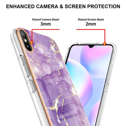 For Xiaomi Redmi 9A Electroplating Marble Pattern Dual-side IMD TPU Shockproof Case(Purple 002) - Xiaomi Cases by buy2fix | Online Shopping UK | buy2fix