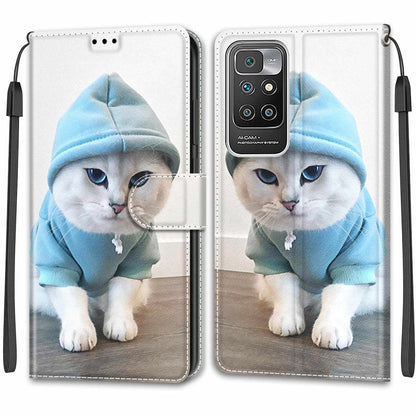 Voltage Coloured Drawing Magnetic Clasp Horizontal Flip PU Leather Case with Holder & Card Slots For Xiaomi Redmi 10(C15 Blue Sweater White Cat) - Xiaomi Cases by buy2fix | Online Shopping UK | buy2fix