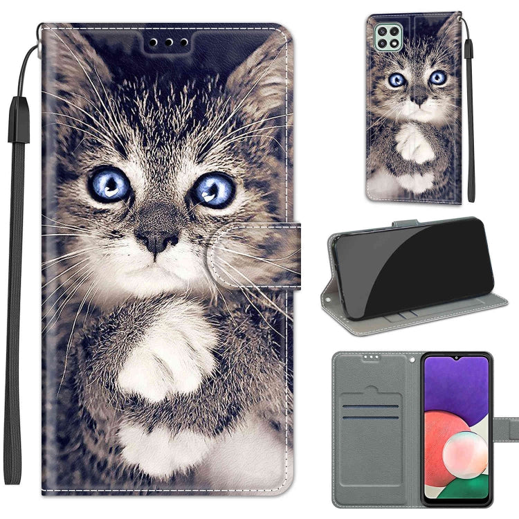Voltage Coloured Drawing Magnetic Clasp Horizontal Flip PU Leather Case with Holder & Card Slots For Samsung Galaxy A22 5G(C02 Fork Hand White Claw Cat) - Galaxy Phone Cases by buy2fix | Online Shopping UK | buy2fix