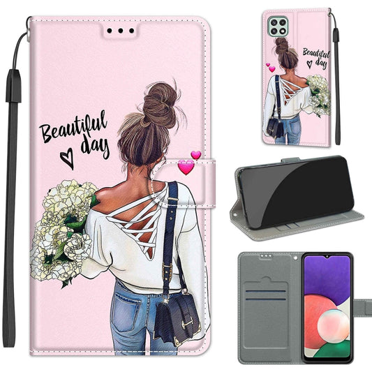 Voltage Coloured Drawing Magnetic Clasp Horizontal Flip PU Leather Case with Holder & Card Slots For Samsung Galaxy A22 5G(C09 Hug Flower) - Galaxy Phone Cases by buy2fix | Online Shopping UK | buy2fix