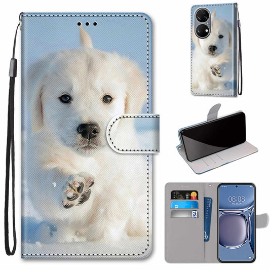 For Huawei P50 Coloured Drawing Cross Texture Horizontal Flip PU Leather Case with Holder & Card Slots & Wallet & Lanyard(Snow Puppy) - Huawei Cases by buy2fix | Online Shopping UK | buy2fix