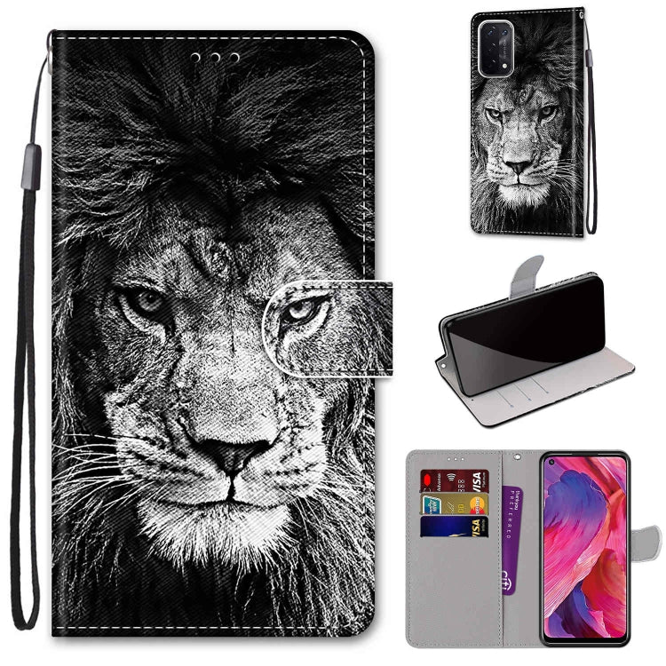 For OPPO A93 5G / A93s 5G / A54 5G / A74 5G Coloured Drawing Cross Texture Horizontal Flip PU Leather Case with Holder & Card Slots & Wallet & Lanyard(Black White Lion Head) - OPPO Cases by buy2fix | Online Shopping UK | buy2fix