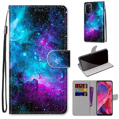 For OPPO A93 5G / A93s 5G / A54 5G / A74 5G Coloured Drawing Cross Texture Horizontal Flip PU Leather Case with Holder & Card Slots & Wallet & Lanyard(Purple Green Starry Sky) - OPPO Cases by buy2fix | Online Shopping UK | buy2fix