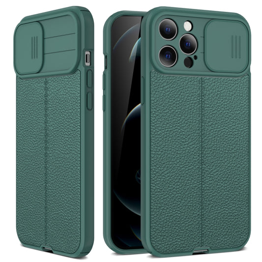 For iPhone 13 Litchi Texture Sliding Camshield TPU Protective Case(Dark Green) - iPhone 13 Cases by buy2fix | Online Shopping UK | buy2fix