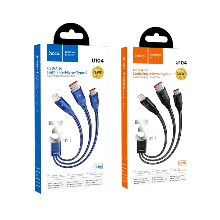 hoco U104 Ultra 3 in 1 6A Fast Charging Data Cable USB to 8 Pin + Micro USB + USB-C / Type-C Cable, Cable Length: 1.2m(Black) - Multifunction Cable by hoco | Online Shopping UK | buy2fix