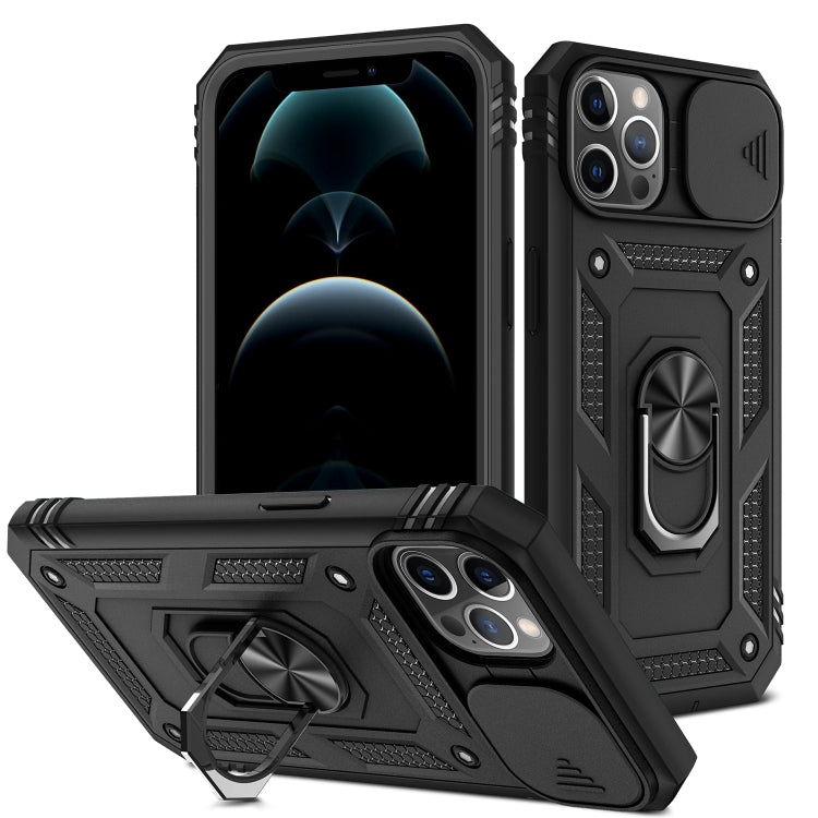 For iPhone 12 / 12 Pro Sliding Camera Cover Design TPU + PC Protective Case with 360 Degree Rotating Holder & Card Slot(Black+Black) - iPhone 12 / 12 Pro Cases by buy2fix | Online Shopping UK | buy2fix