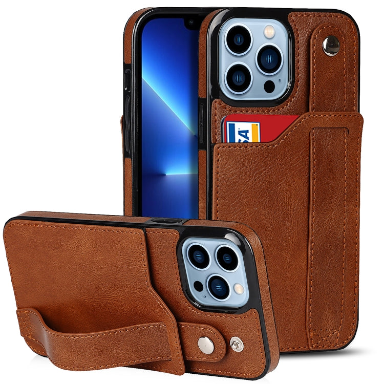 For iPhone 13 Pro Crazy Horse Texture Shockproof TPU + PU Leather Case with Card Slot & Wrist Strap Holder (Brown) - iPhone 13 Pro Cases by buy2fix | Online Shopping UK | buy2fix