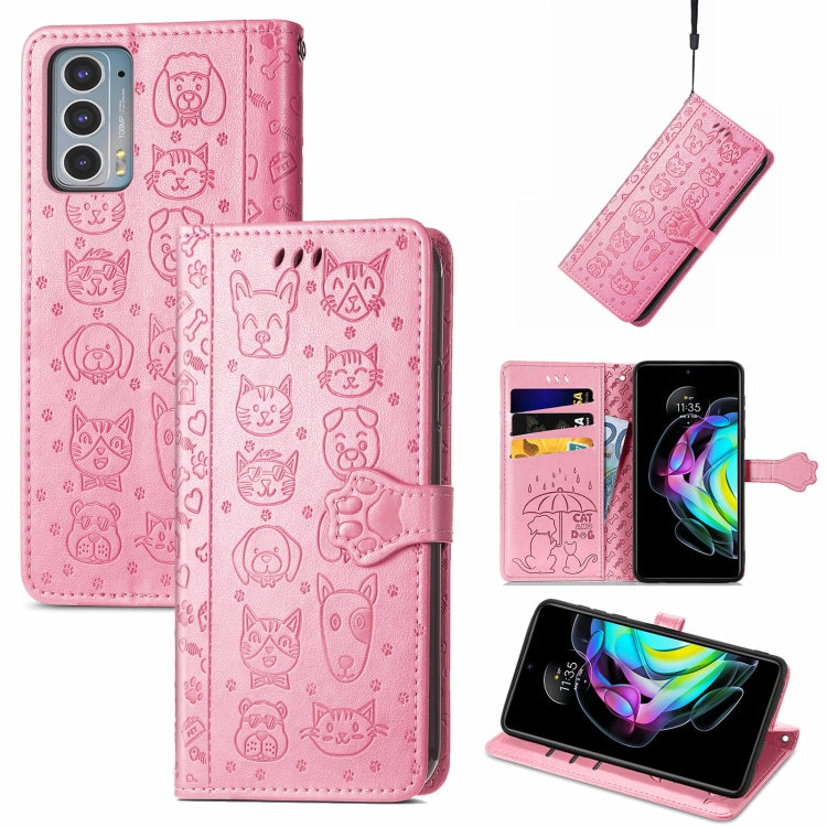 For Motorola Moto Edge 20 Lovely Cat and Dog Embossing Pattern Horizontal Flip Leather Case , with Holder & Card Slots & Wallet & Cartoon Clasp & Lanyard(Pink) - Motorola Cases by buy2fix | Online Shopping UK | buy2fix