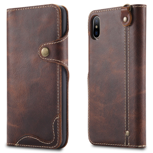 For iPhone X / XS Denior Oil Wax Cowhide Magnetic Button Horizontal Flip Leather Case with Card Slots & Wallet(Brown) - More iPhone Cases by Denior | Online Shopping UK | buy2fix