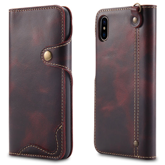 For iPhone X / XS Denior Oil Wax Cowhide Magnetic Button Horizontal Flip Leather Case with Card Slots & Wallet(Dark Red) - More iPhone Cases by Denior | Online Shopping UK | buy2fix