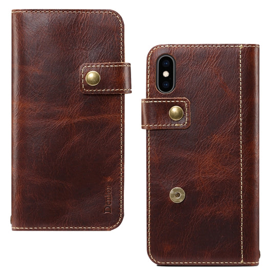 For iPhone X / XS Denior Oil Wax Cowhide DK Magnetic Button Horizontal Flip Leather Case with Holder & Card Slots & Wallet(Brown) - More iPhone Cases by Denior | Online Shopping UK | buy2fix