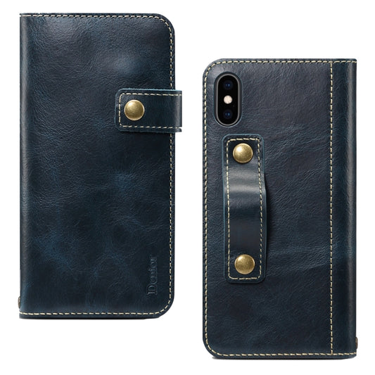 For iPhone X / XS Denior Oil Wax Cowhide DK Magnetic Button Horizontal Flip Leather Case with Holder & Card Slots & Wallet(Dark Blue) - More iPhone Cases by Denior | Online Shopping UK | buy2fix