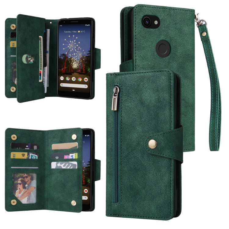 For Google Pixel 3A Rivet Buckle 9 Cards Three Fold Leather Phone Case(Green) - Google Cases by buy2fix | Online Shopping UK | buy2fix