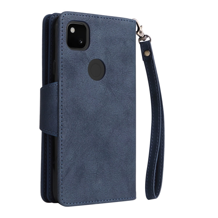 For Google Pixel 4A 4G Rivet Buckle 9 Cards Three Fold Leather Phone Case(Blue) - Google Cases by buy2fix | Online Shopping UK | buy2fix