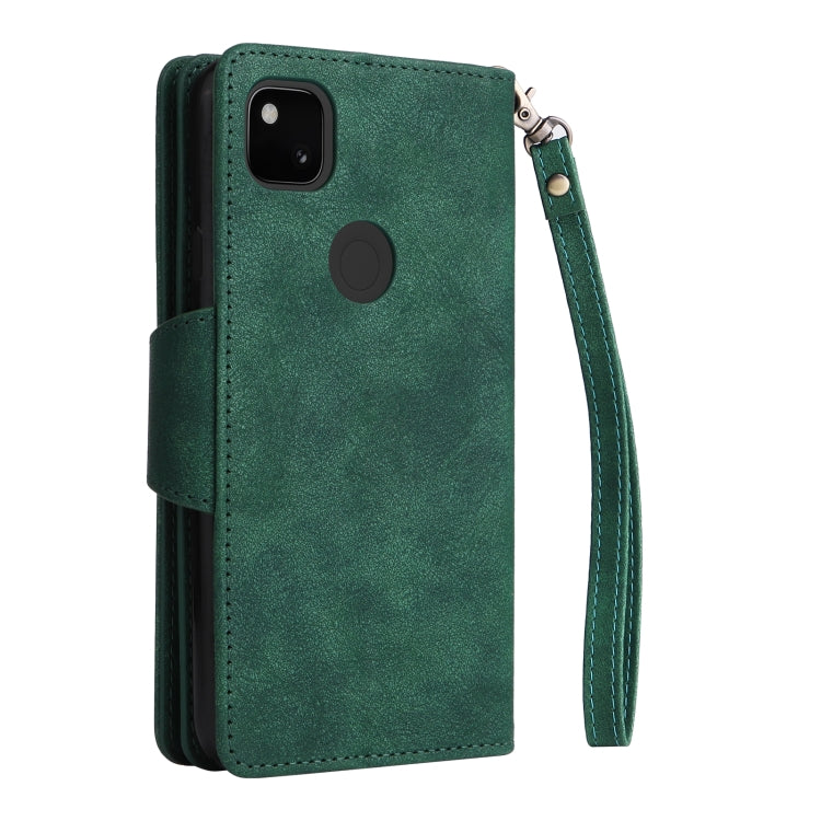 For Google Pixel 4A 4G Rivet Buckle 9 Cards Three Fold Leather Phone Case(Green) - Google Cases by buy2fix | Online Shopping UK | buy2fix