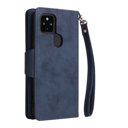 For Google Pixel 4A 5G Rivet Buckle 9 Cards Three Fold Leather Phone Case(Blue) - Google Cases by buy2fix | Online Shopping UK | buy2fix