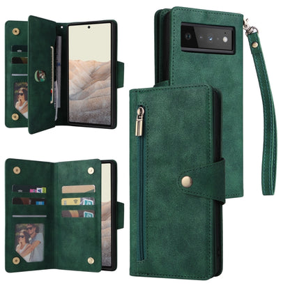 For Google Pixel 6 Pro Rivet Buckle 9 Cards Three Fold Leather Phone Case(Green) - Google Cases by buy2fix | Online Shopping UK | buy2fix