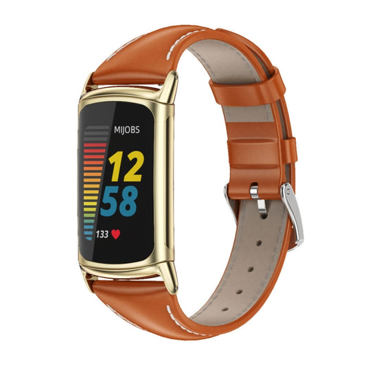 For Fitbit Charge5 Mijobs Genuine Leather Slim Watch Band(Orange+Gold) - Watch Bands by MIJOBS | Online Shopping UK | buy2fix