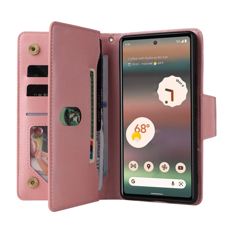 For Google Pixel 6a Rivet Buckle 9 Cards Three Fold Leather Phone Case(Rose Gold) - Google Cases by buy2fix | Online Shopping UK | buy2fix