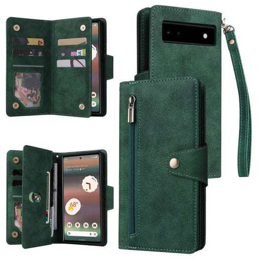 For Google Pixel 6a Rivet Buckle 9 Cards Three Fold Leather Phone Case(Green) - Google Cases by buy2fix | Online Shopping UK | buy2fix