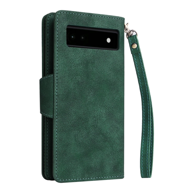 For Google Pixel 6a Rivet Buckle 9 Cards Three Fold Leather Phone Case(Green) - Google Cases by buy2fix | Online Shopping UK | buy2fix