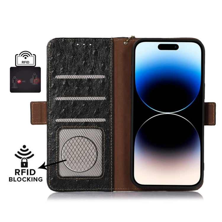 For iPhone SE 2024 Ostrich Pattern Genuine Leather RFID Phone Case(Black) - More iPhone Cases by buy2fix | Online Shopping UK | buy2fix